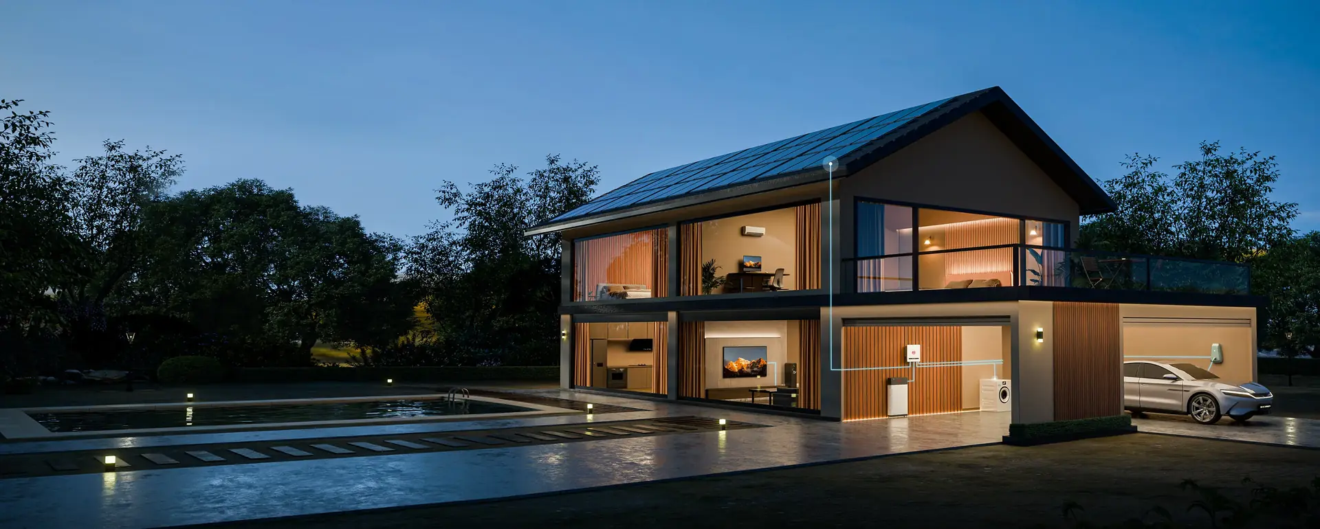 Modern home with solar panels, battery storage, and EV charging